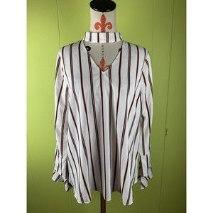 Beau Tissu V-Neck Back Button Striped Long Sleeve Size L Large Women's